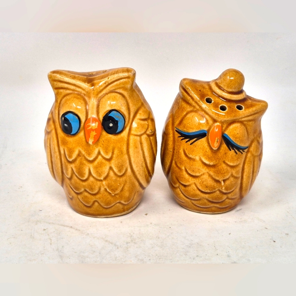 Vintage Ceramic Anthpomorphic Owl Salt and Pepper Shakers - Brown